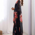 Black Georgette Floral Print Saree with Pearl Lace Border