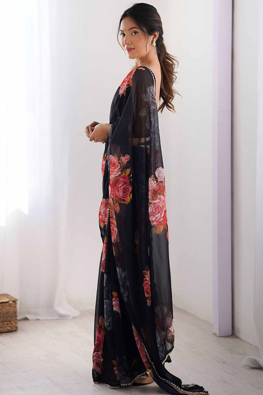 Black Georgette Floral Print Saree with Pearl Lace Border