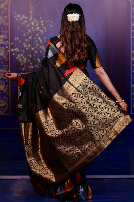 Elegant Black Printed Soft Silk Saree with Rich Zari Border