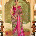 Olive Green Rani Pink Printed Linen Silk Saree Designer Border