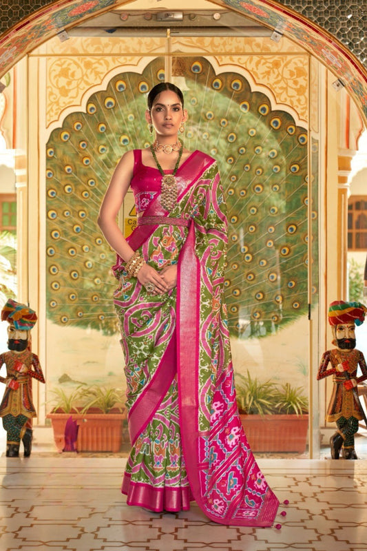 Olive Green Rani Pink Printed Linen Silk Saree Designer Border