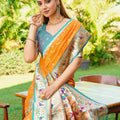 Orange Silk Saree with Teal Border Peacock Floral Weaving Work