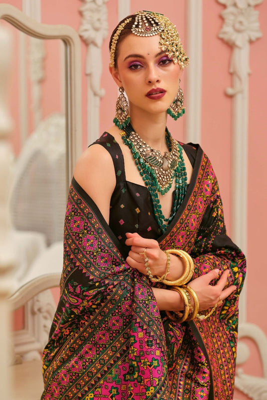 Black Gujarati Patola Silk Saree with Multicolor Traditional Designer Blouse