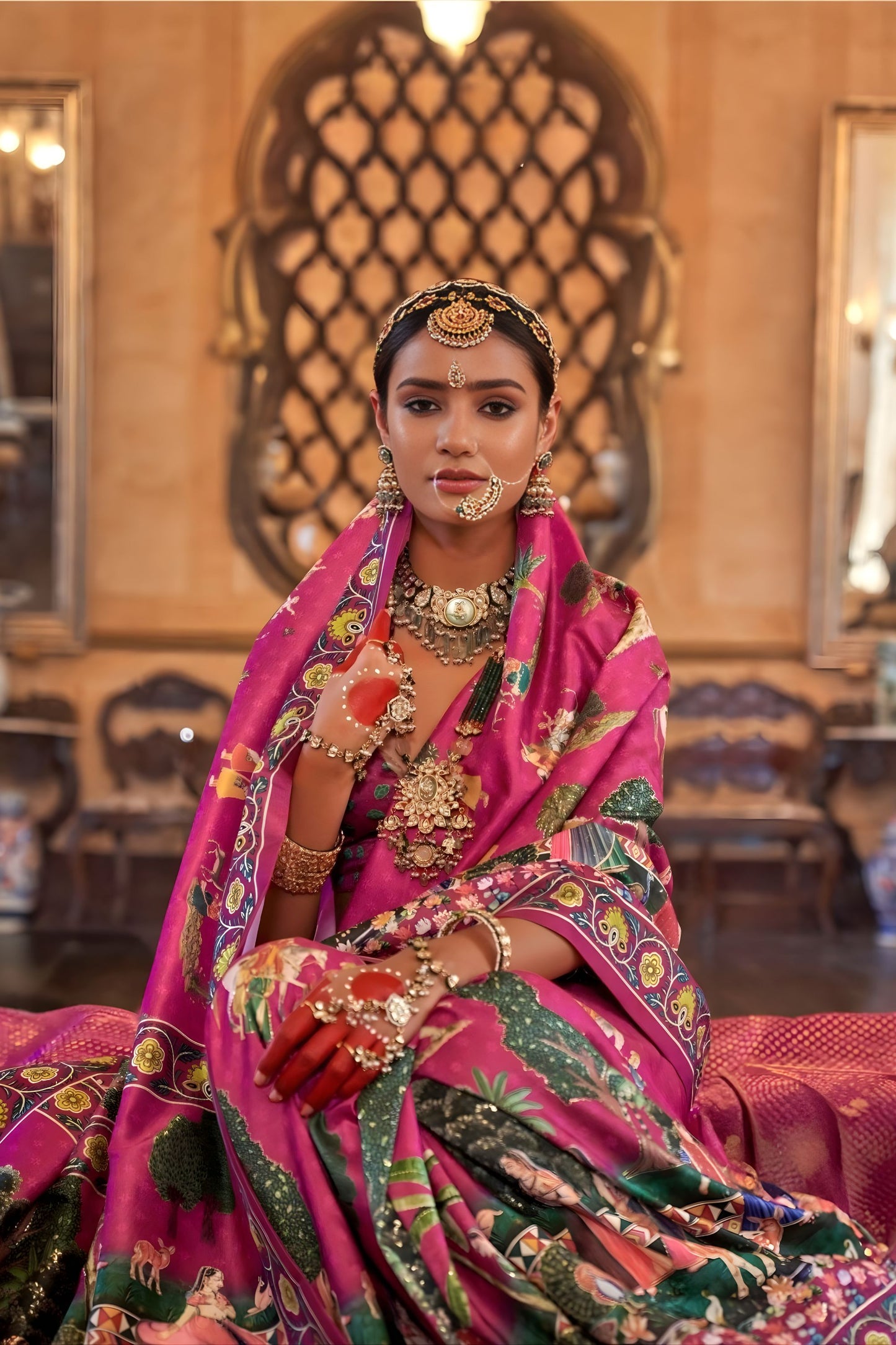 Pink Designer Silk Saree Royal Rajasthani Print Floral Border