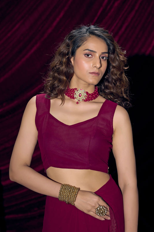 Wine Red Georgette Saree with Embroidered Border Designer Saree
