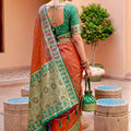 Red Silk Saree with Green Contrast Border Traditional Zari Festive Wear