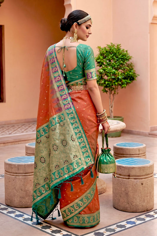 Red Silk Saree with Green Contrast Border Traditional Zari Festive Wear