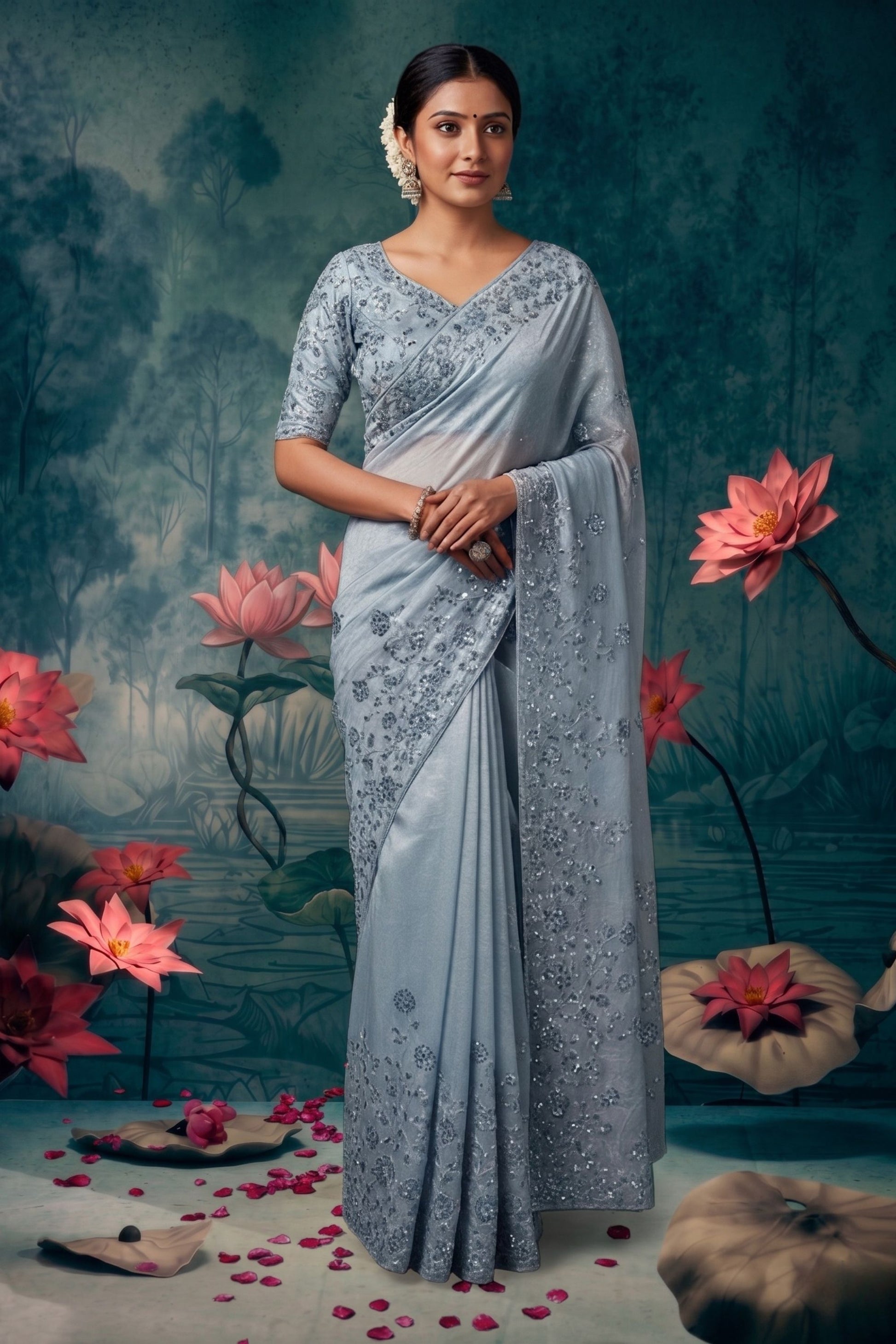 Ice Blue Designer Saree with Sequins Embroidered Work