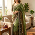 Olive Green Designer Silk Saree with Embroidered Border Sequins Work