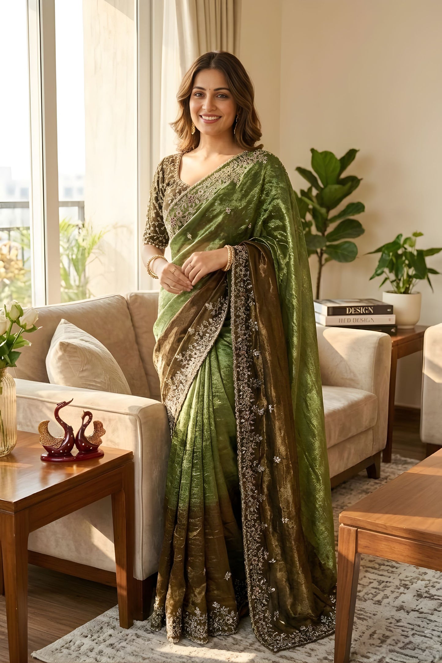 Olive Green Designer Silk Saree with Embroidered Border Sequins Work