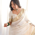 Off White Organza Silk Saree Heavy Golden Embroidered Border Sequins Work