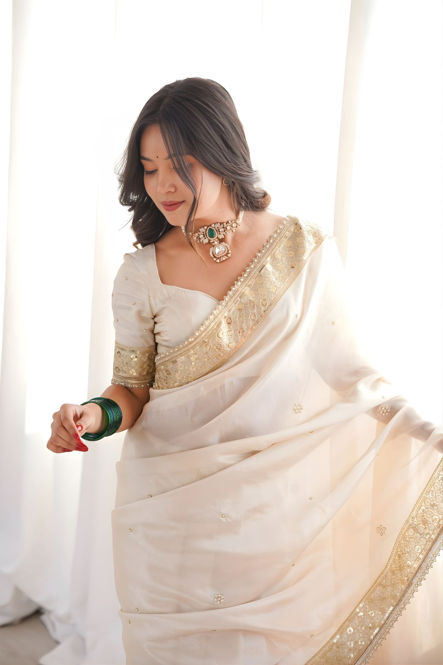 Off White Organza Silk Saree Heavy Golden Embroidered Border Sequins Work
