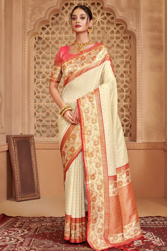 Elegant Cream Banarasi Silk Saree Festive Wear