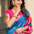 Elegant Sky Blue Silk Saree with Pink Contrast Border Floral Zari Work