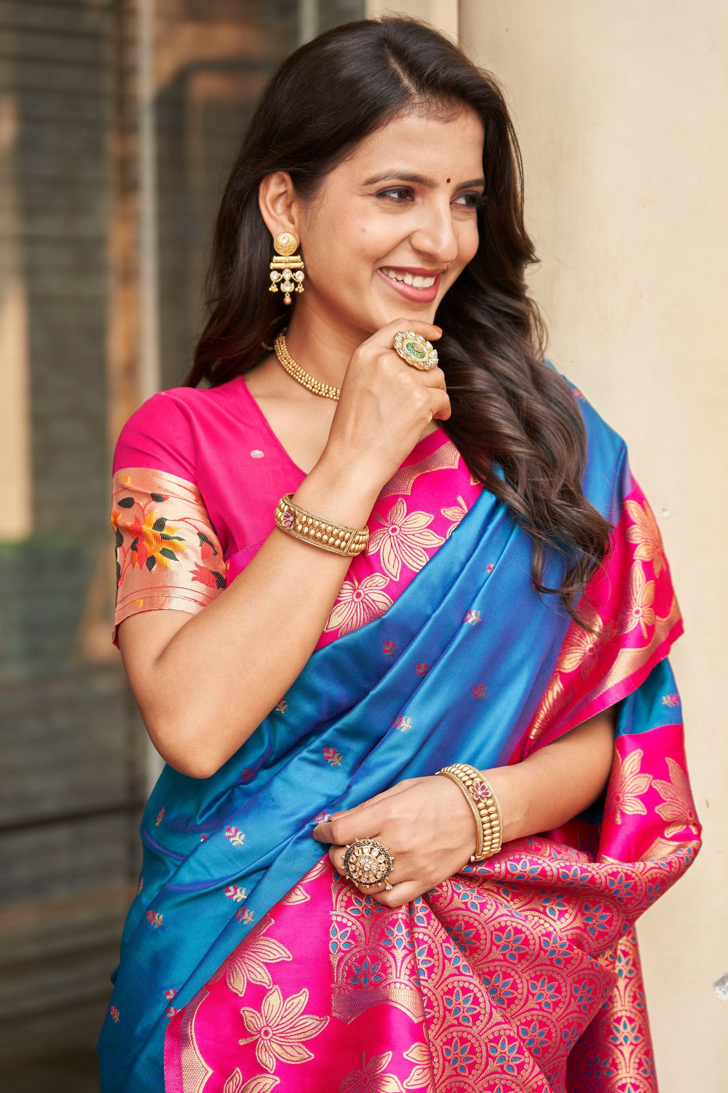 Elegant Sky Blue Silk Saree with Pink Contrast Border Floral Zari Work