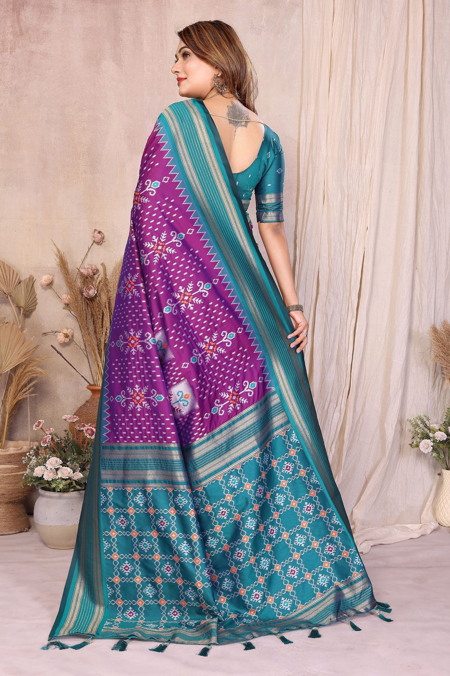 Purple And Teal Ikat Silk Saree with Traditional Weaving Saree