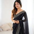 Designer Black Georgette Saree Gold Embellished Border Party Wear Saree