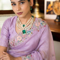 Lavender Embroidered Satin Silk Saree with Floral Designer Border