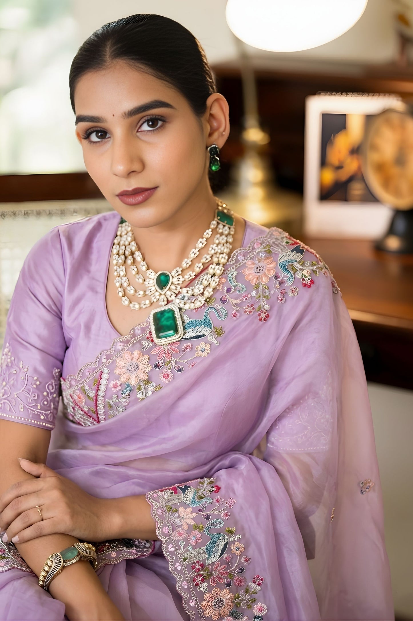 Lavender Embroidered Satin Silk Saree with Floral Designer Border