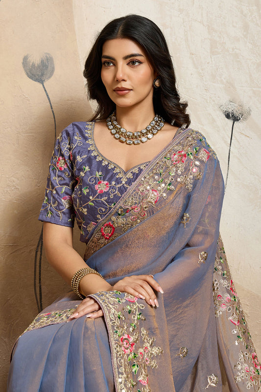 Blue Embroidered Organza Saree Floral Handwork Designer Blouse