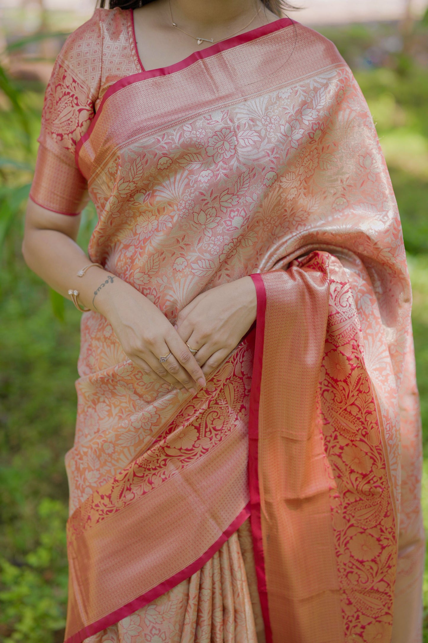 Rose Gold Banarasi Silk Saree Rich Zari Weaving Contrast Pink Border