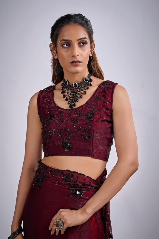 Wine Red Organza Silk Saree with Black Embroidered Blouse