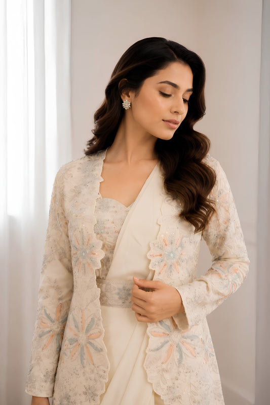 Off White Ready-to-Wear Saree Heavy Embroidered Designer Jacket