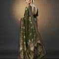 Olive Green Silk Saree with Gold Zari Floral Border Traditional Wear Saree