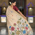 Beige Linen Silk Saree with Floral Print Woven Border