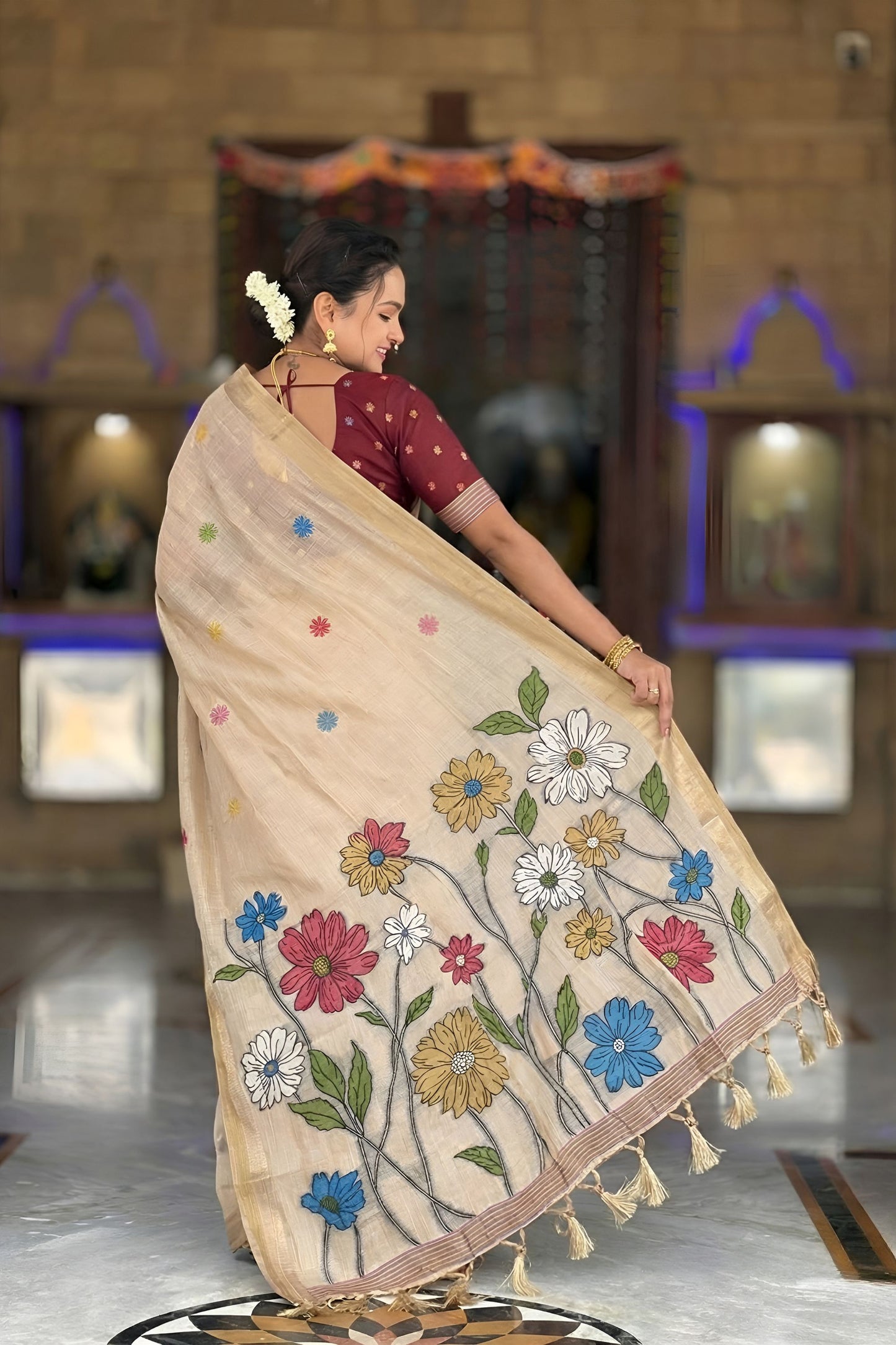 Beige Linen Silk Saree with Floral Print Woven Border