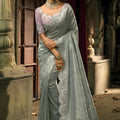 Grey Organza Silk Saree Heavy Thread Sequin Embroidery Designer Blouse 