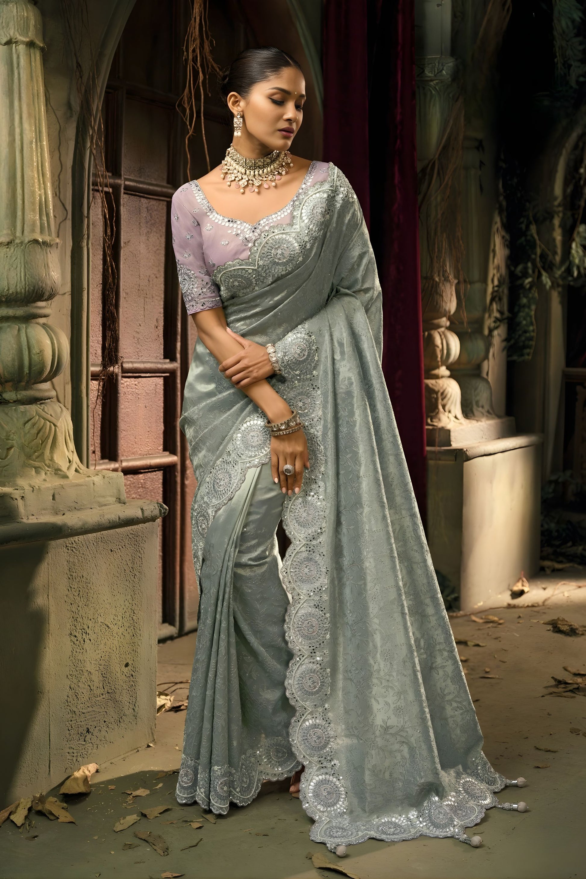  Grey Organza Silk Saree Heavy Thread Sequin Embroidery Designer Blouse 