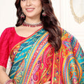 Teal Blue Multicolor Printed Saree Paisley Design Designer Saree