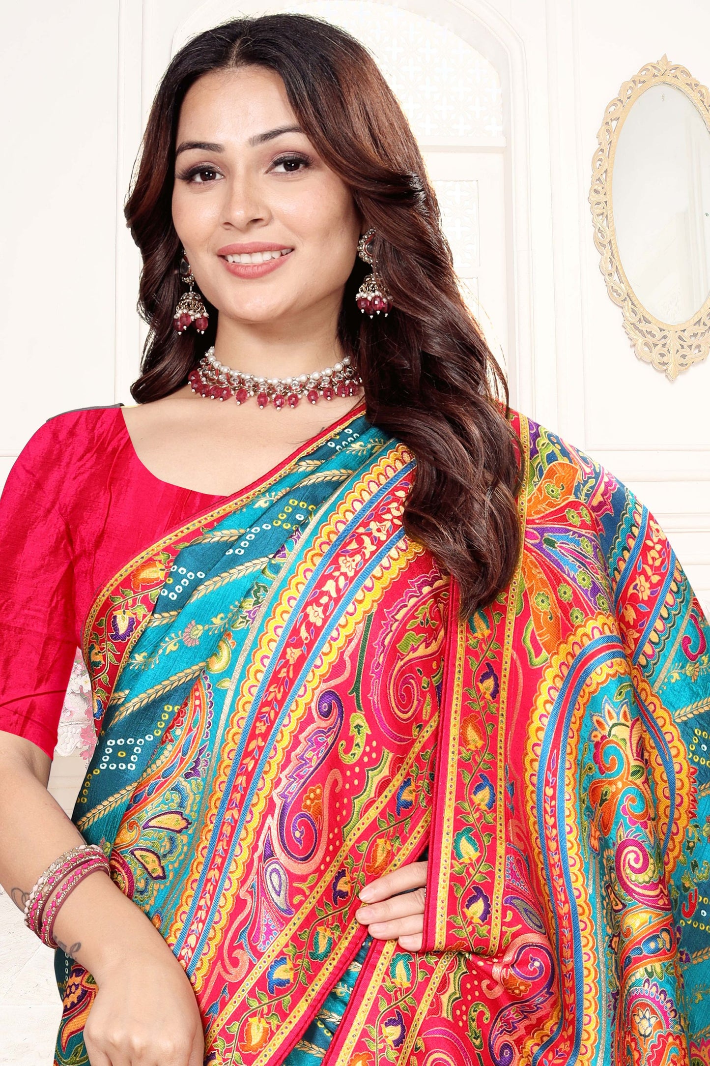 Teal Blue Multicolor Printed Saree Paisley Design Designer Saree