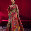 Beige Silk Saree with Red Floral Designer Border Traditional Saree 