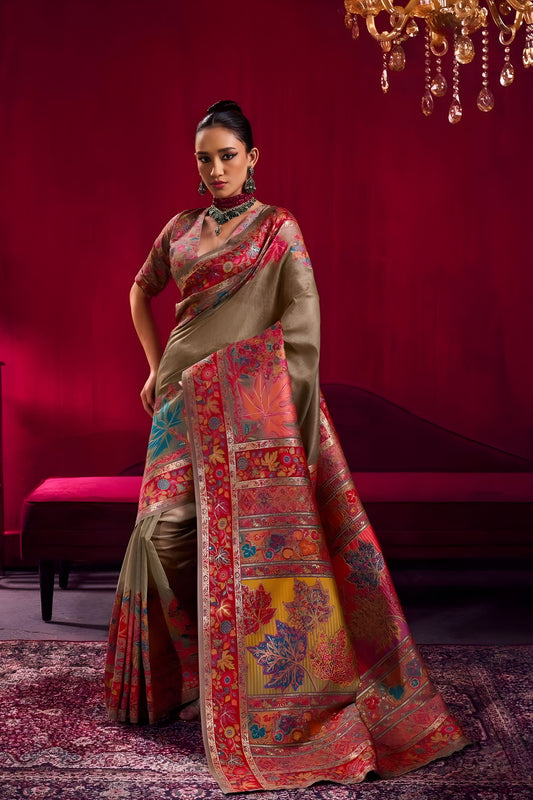 Beige Silk Saree with Red Floral Designer Border Traditional Saree 
