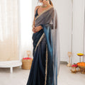 Navy Blue Organza Silk Saree Designer Lace Border Matching Blouse