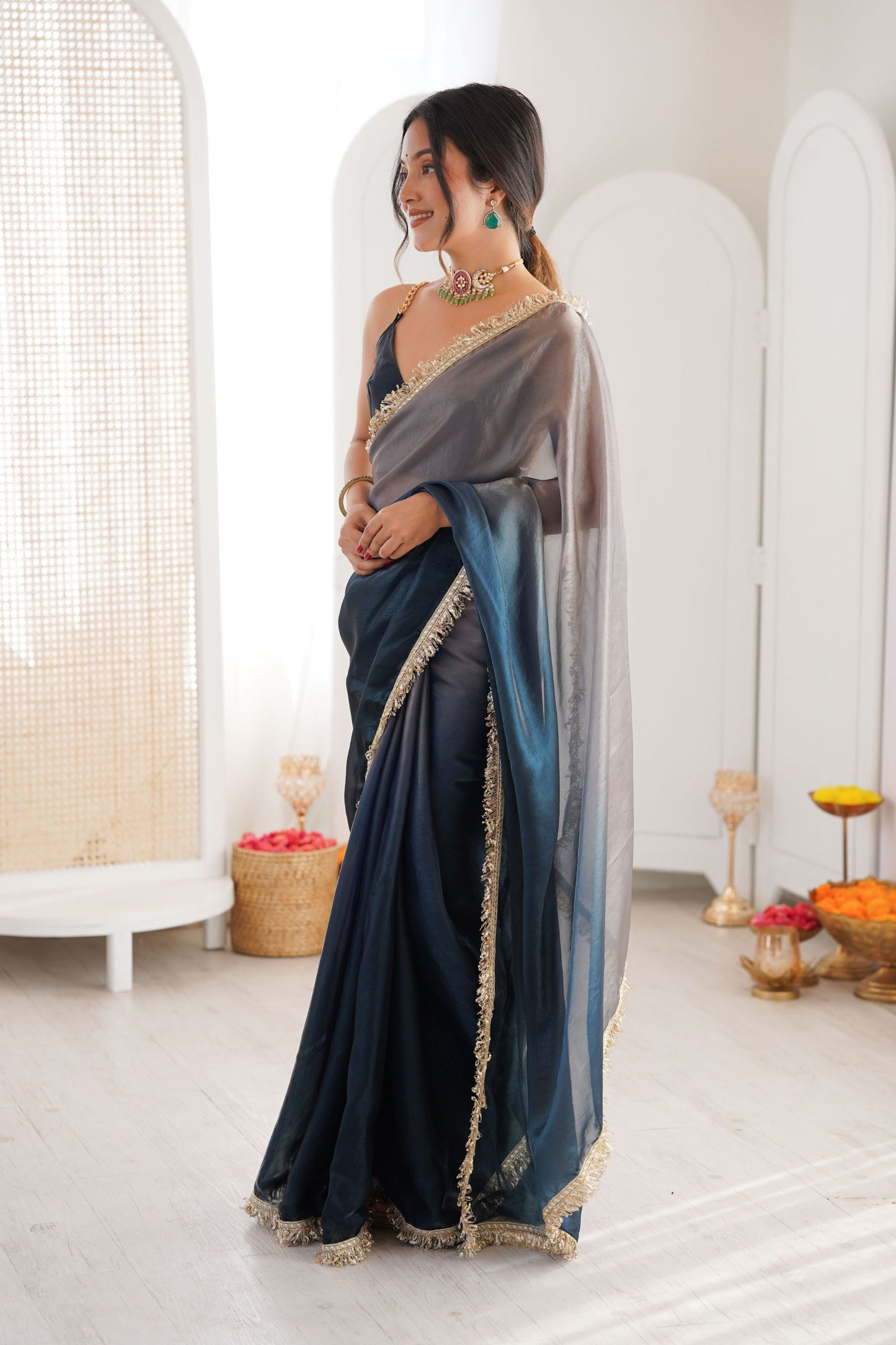 Navy Blue Organza Silk Saree Designer Lace Border Matching Blouse