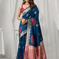 Royal Blue Kanjivaram Silk Saree Pink Zari Border Traditional Wear 