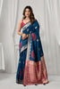 Royal Blue Kanjivaram Silk Saree Pink Zari Border Traditional Wear 