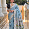 Sky Blue Linen Silk Saree Hand Painted Lotus Pallu Silver Zari Border
