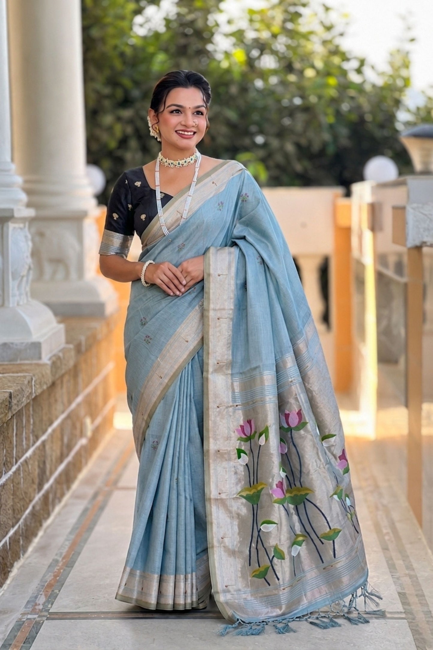 Sky Blue Linen Silk Saree Hand Painted Lotus Pallu Silver Zari Border