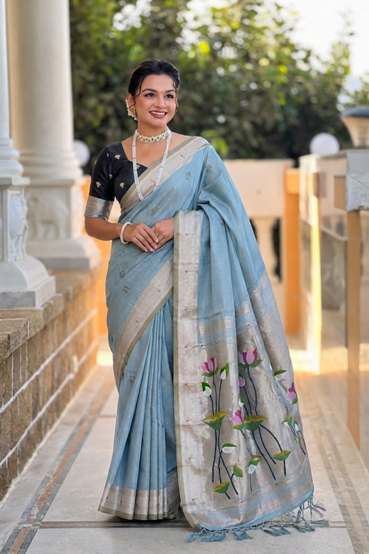 Sky Blue Linen Silk Saree Hand Painted Lotus Pallu Silver Zari Border