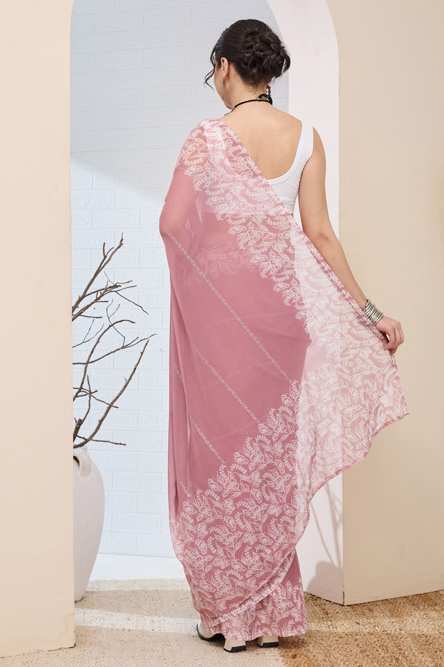 Dusty Rose Pink Floral Printed Saree Casual Saree