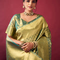 Mint Green Banarasi Silk Saree Golden Zari Woven Border Designer Blouse