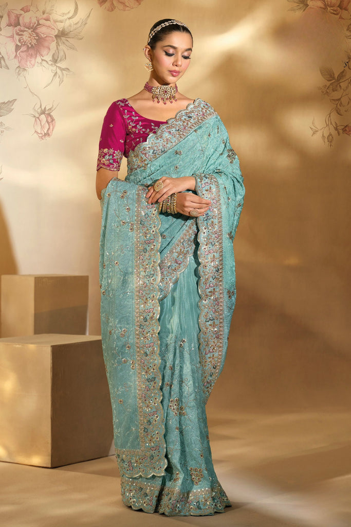 Blue Embroidered Silk Saree Traditional Festive Wear