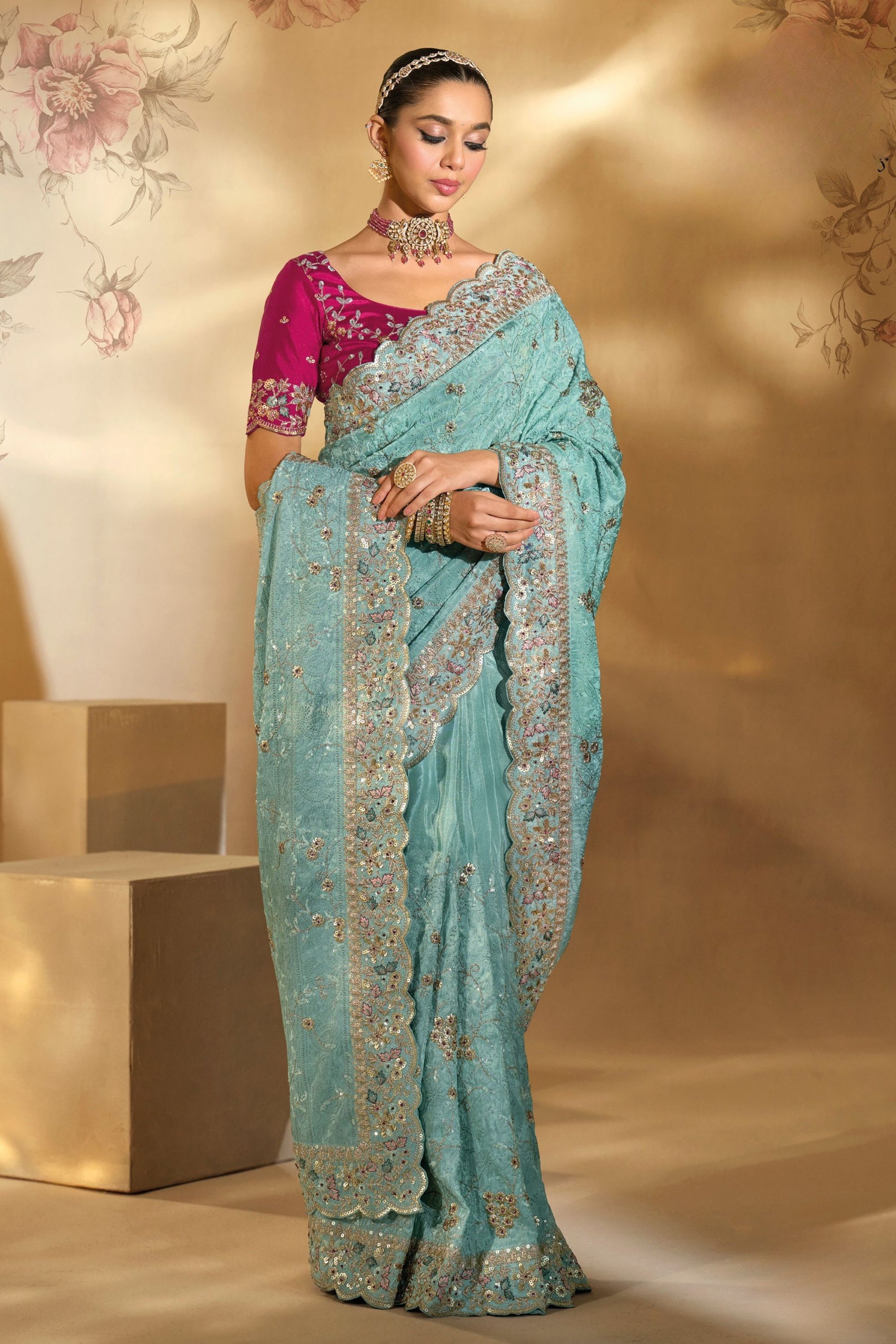 Blue Embroidered Silk Saree Traditional Festive Wear
