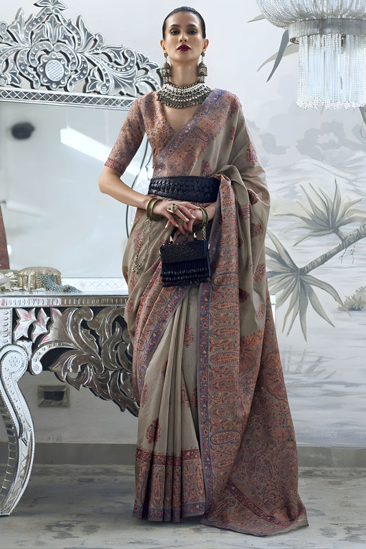 Brown Banarasi Silk Saree with Traditional Paisley Woven Border
