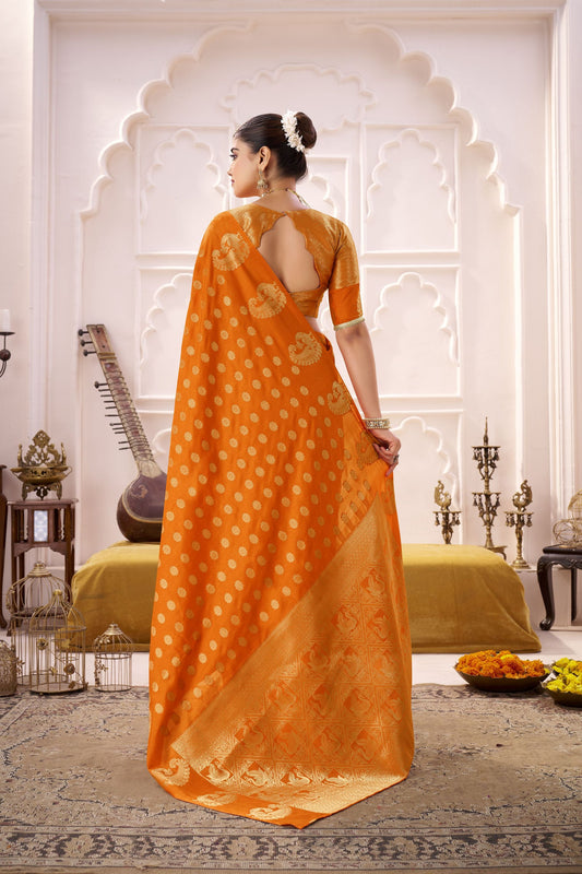 Orange Banarasi Silk Saree with Gold Zari Buta Traditional Pallu