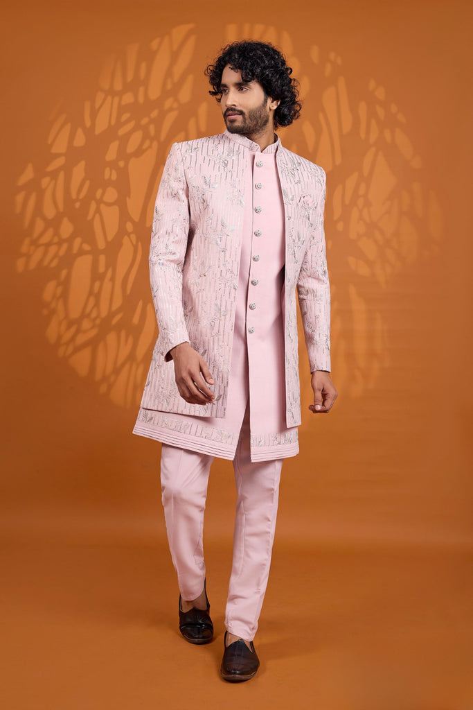 Superb Pink Indo Western Sherwani Heavy Embroidery With Designer Jacket